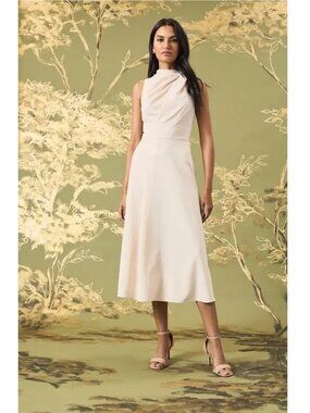 NWT New Maggy London Draped Bodice Flared Midi Dress In Horn Size 14